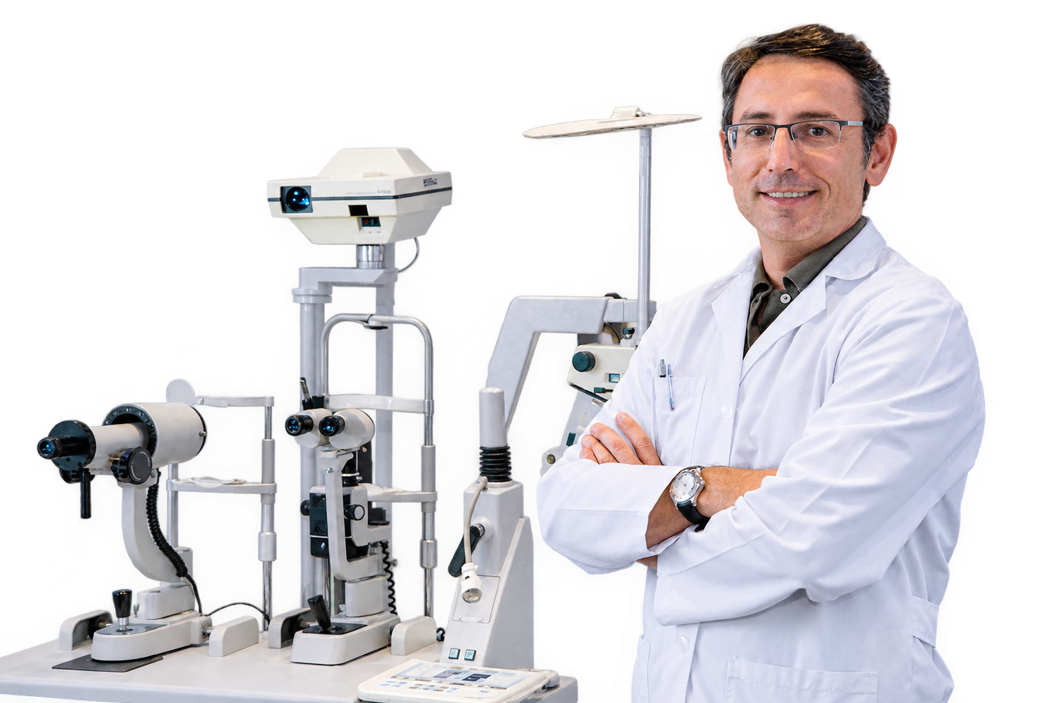 Profesional junto a un equipo de diagnóstico oftalmológico